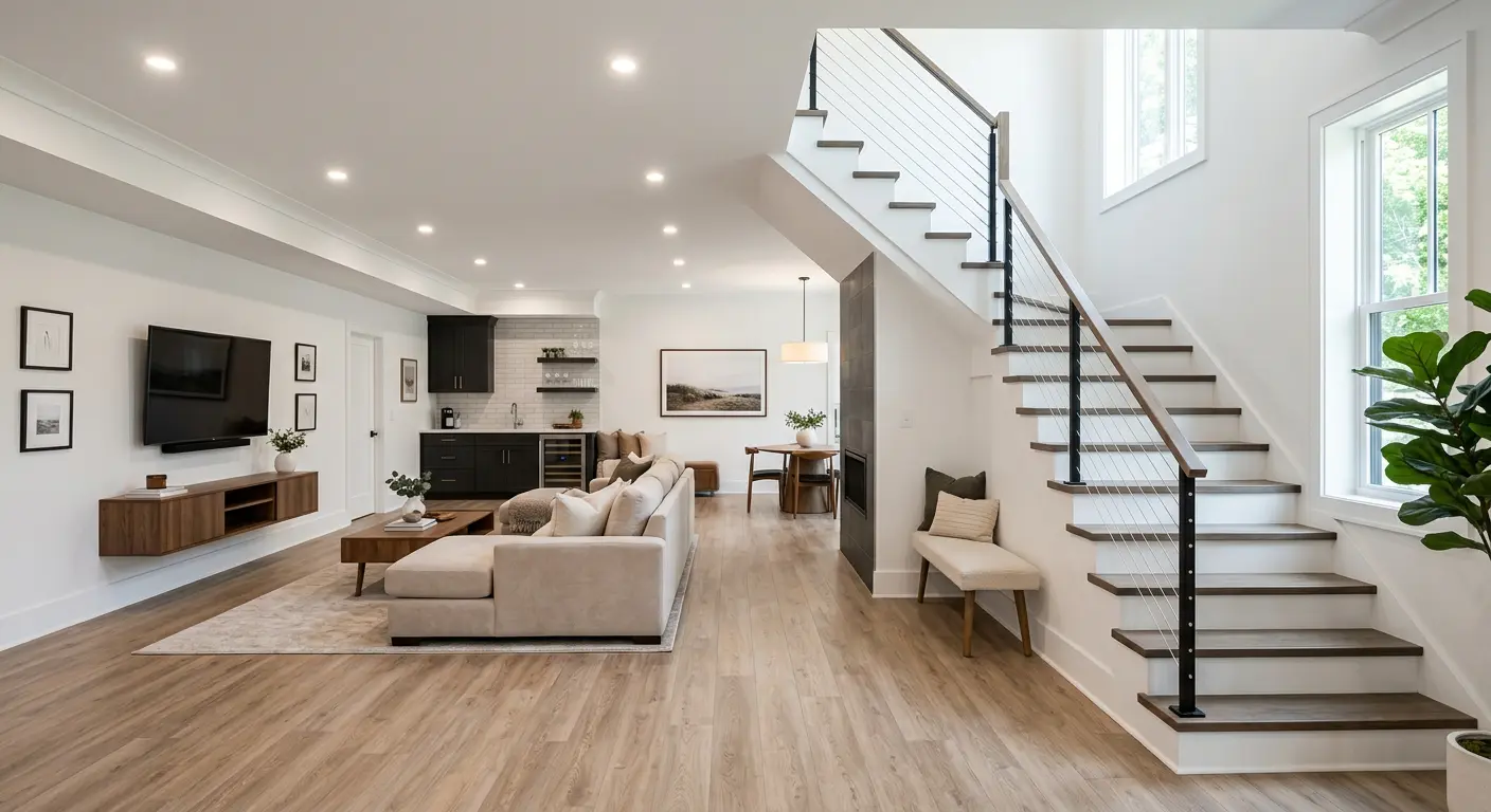 Luxury finished basement with modern staircase